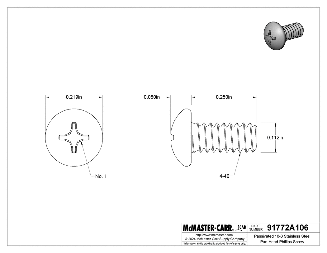 Technical Drawing of Passivated 18-8 Stainless Steel Pan Head Phillips Screw, 4-40 Thread, 1/4" Long.